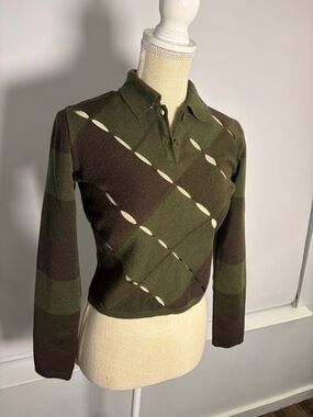 Moschino Cheap & Chic Vintage Knit Polo Top Y2K Cropped Green Brown